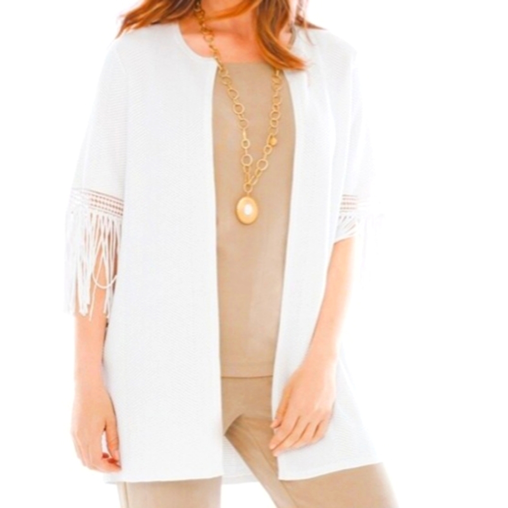 Womens Chico's Travelers Coll Chevron Fringe Duster JACKET Sz 8 White NWT
